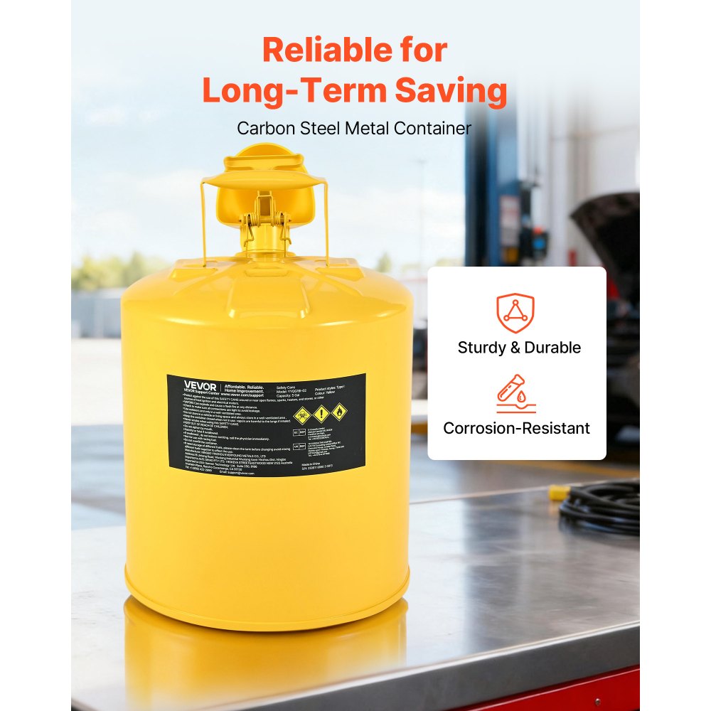 VEVOR Safety Can, 5 Gallon Type I Yellow Safety Can for Diesel with Stainless Steel Flame Arrester, Self-Closing Lid, and PE Funnel, Carbon Steel Flammable Storage Container with Ergonomic Handle