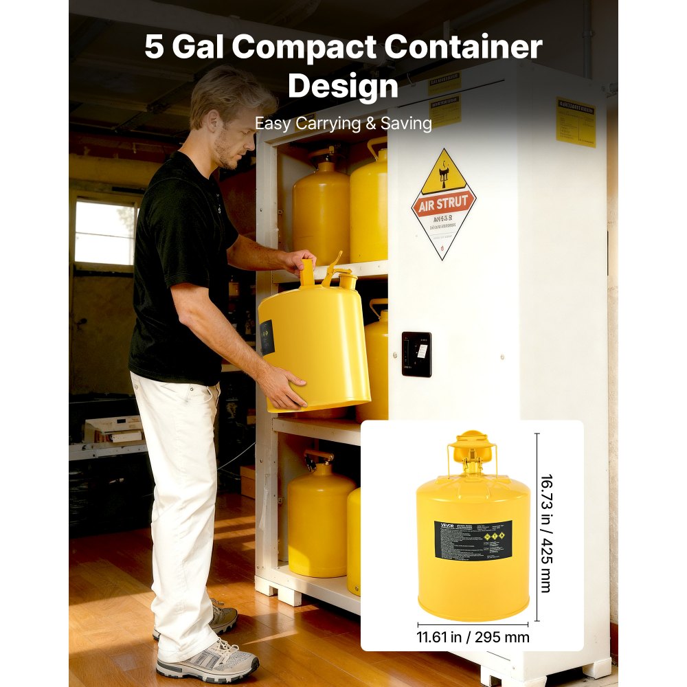 VEVOR Safety Can, 5 Gallon Type I Yellow Safety Can for Diesel with Stainless Steel Flame Arrester, Self-Closing Lid, and PE Funnel, Carbon Steel Flammable Storage Container with Ergonomic Handle