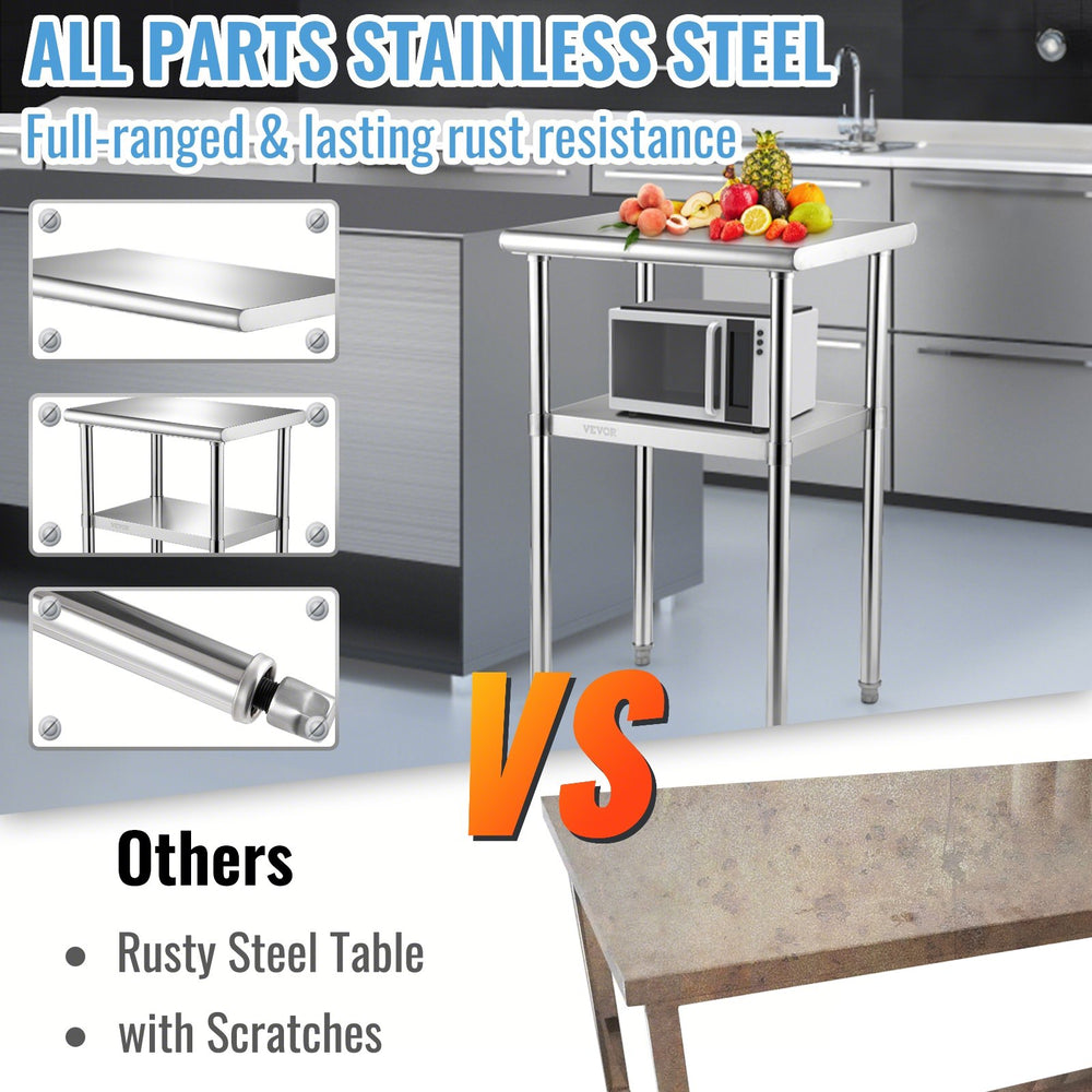 VEVOR Stainless Steel Prep Table, 24 x 18 x 36 Inch, 600lbs Load Capacity Heavy Duty Metal Worktable with Adjustable Undershelf & Feet, Commercial Workstation for Kitchen Restaurant Garage Backyard