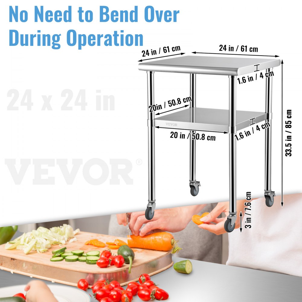 VEVOR Mesa de preparación de acero inoxidable, 24 x 24 x 36 pulgadas, capacidad de carga de 600 libras, mesa de trabajo de metal resistente con estante inferior ajustable y ruedas universales, estació