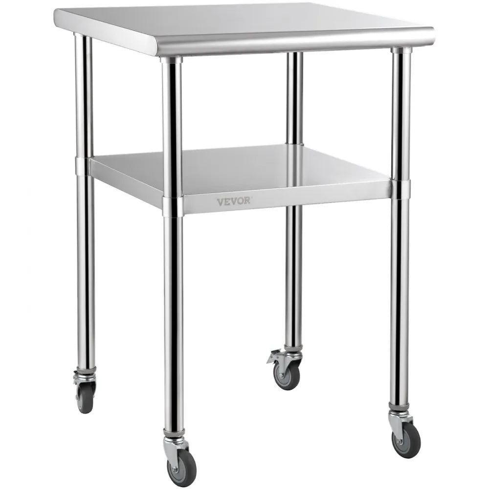 VEVOR Mesa de preparación de acero inoxidable, 24 x 24 x 36 pulgadas, capacidad de carga de 600 libras, mesa de trabajo de metal resistente con estante inferior ajustable y ruedas universales, estació