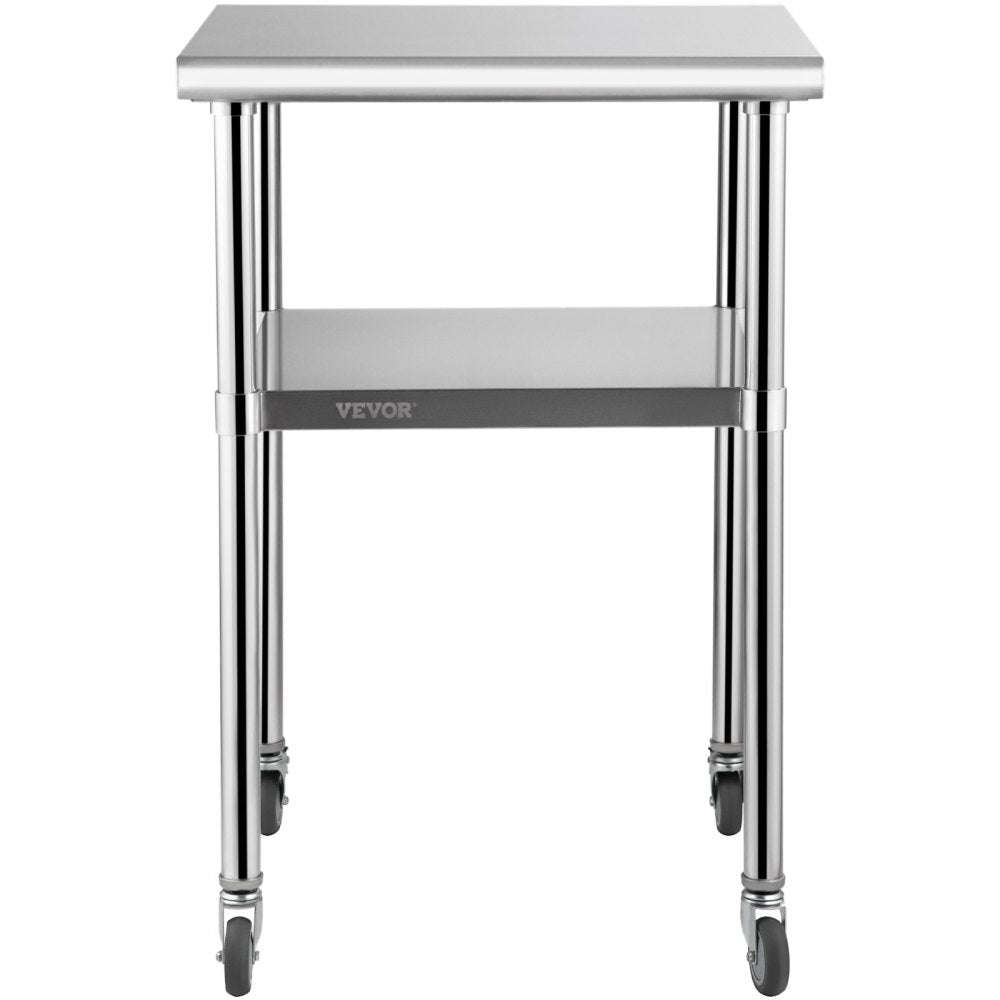 VEVOR Mesa de preparación de acero inoxidable, 24 x 24 x 36 pulgadas, capacidad de carga de 600 libras, mesa de trabajo de metal resistente con estante inferior ajustable y ruedas universales, estació