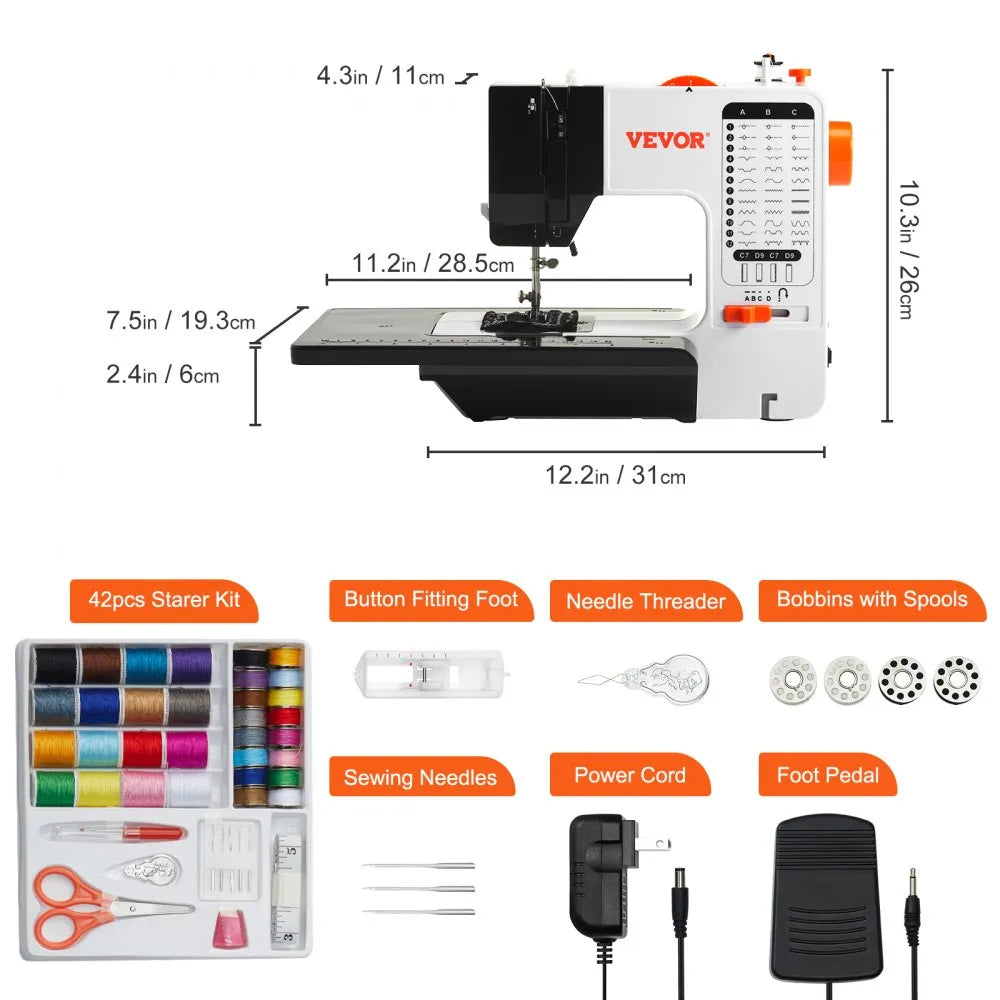 VEVOR Sewing Machine, Portable Sewing Machine for Beginners with 38 Built-in Stitches & Reverse Sewing, Dual Speed Sewing Machine with Extension Table Foot Pedal, Accessory Kit Family Home Travel