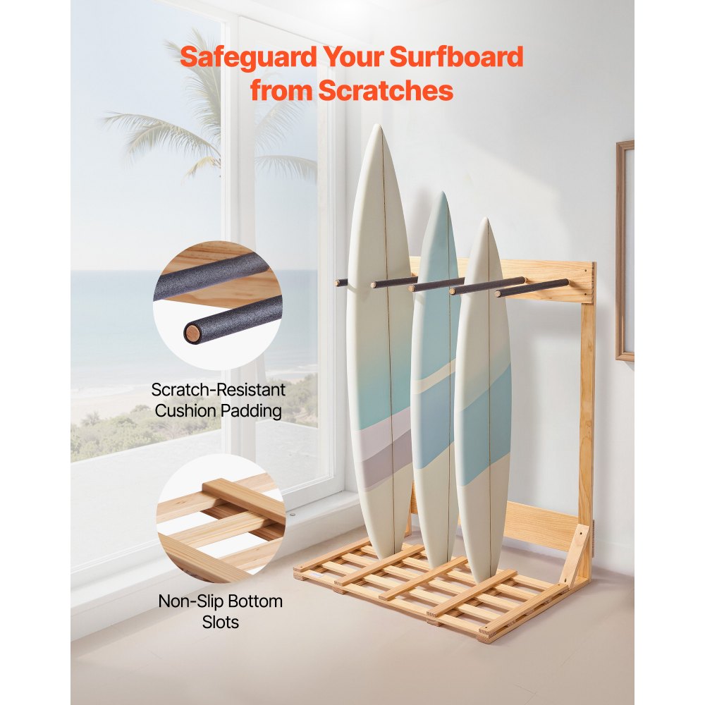VEVOR Vertical Surfboard Stand, 4 Tiers Wooden Surfboard Rack for Storage and Display, Freestanding Board Stand Organizer, Surf Board Holder for Wakeboards, Snowboards, Kiteboards, Shortboard, Skis