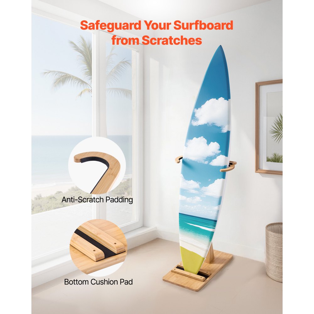 VEVOR Vertical Surfboard Stand, Wooden Surfboard Rack for Storage and Display, Adjustable & Freestanding Board Stand Organizer with Padding, for Wakeboards, Snowboards, Kiteboards, Shortboard, Skis