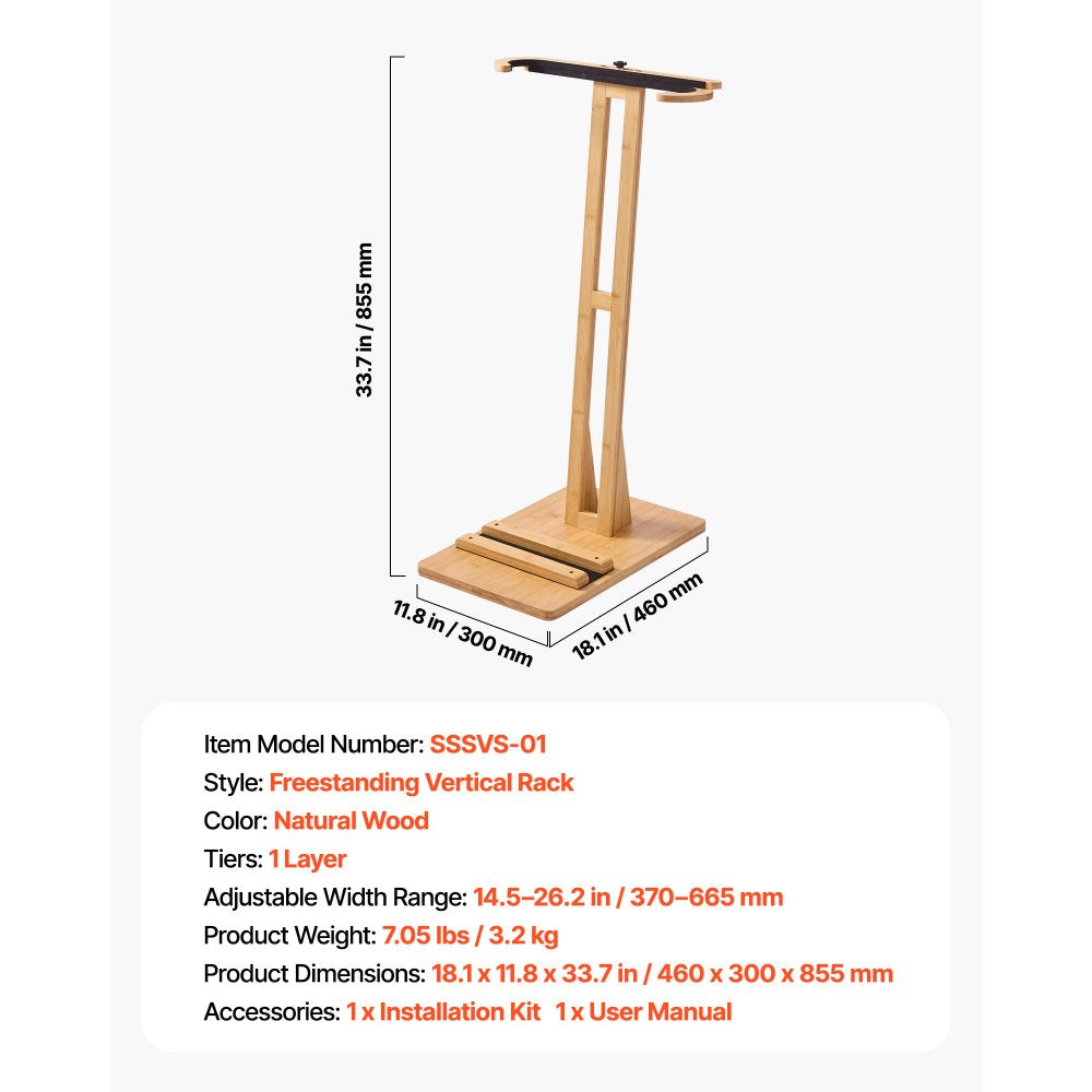 VEVOR Vertical Surfboard Stand, Wooden Surfboard Rack for Storage and Display, Adjustable & Freestanding Board Stand Organizer with Padding, for Wakeboards, Snowboards, Kiteboards, Shortboard, Skis