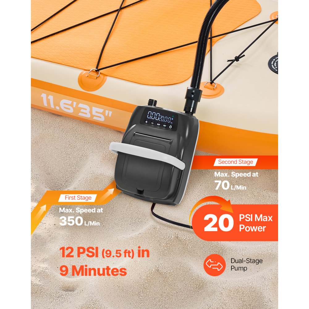 VEVOR Paddle Board Pump, 20PSI High Pressure, Dual Stage Inflation & Deflation SUP Air Pump with Auto-Off Function and 12V DC Car Connector, Ideal for Inflatable Paddle Board, Tent and Mattress