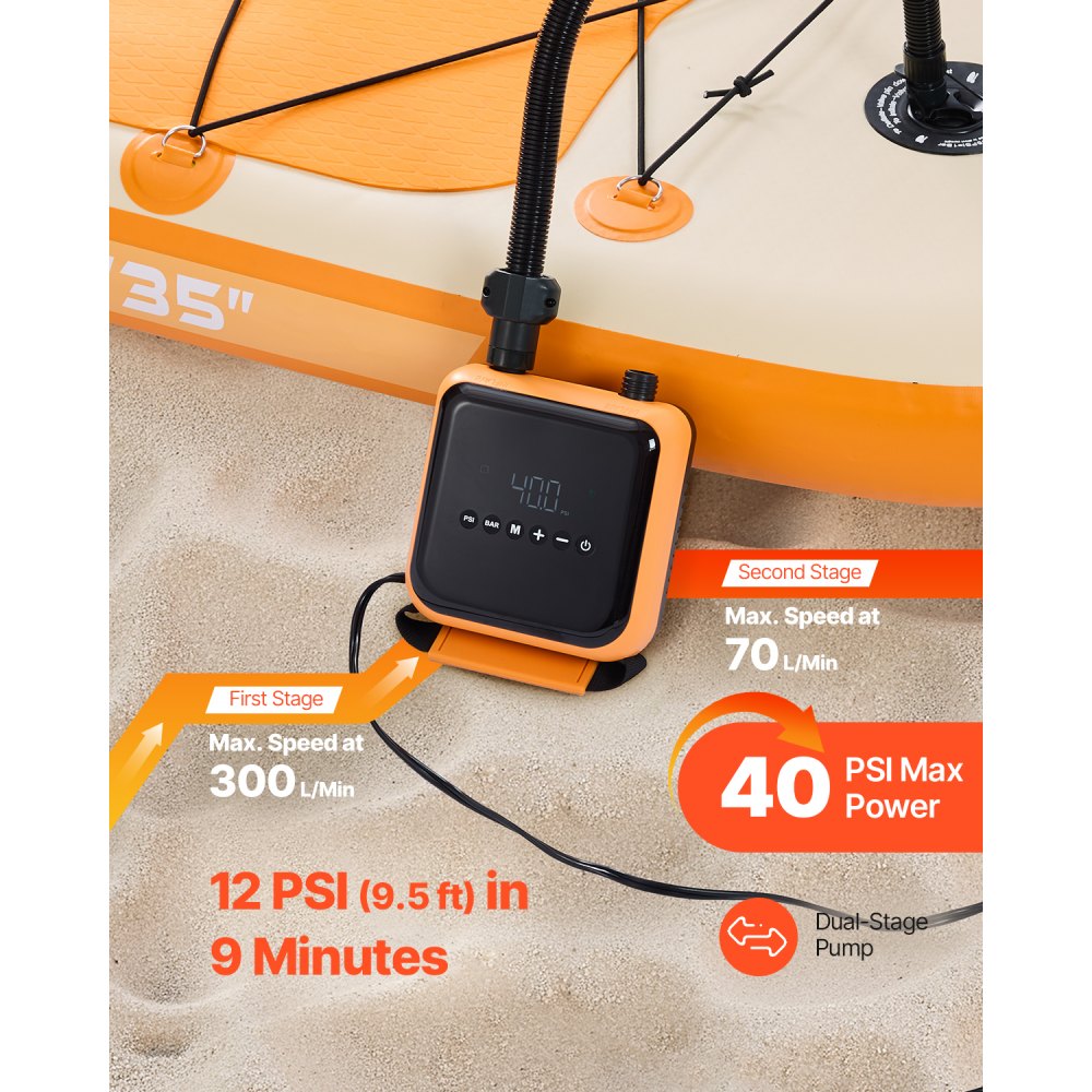 VEVOR Paddle Board Pump, 40PSI High Pressure, Dual Stage Inflation & Deflation SUP Air Pump with Auto-Off Function and 12V DC Car Connector, Ideal for Inflatable Paddle Board, Tent and Mattress
