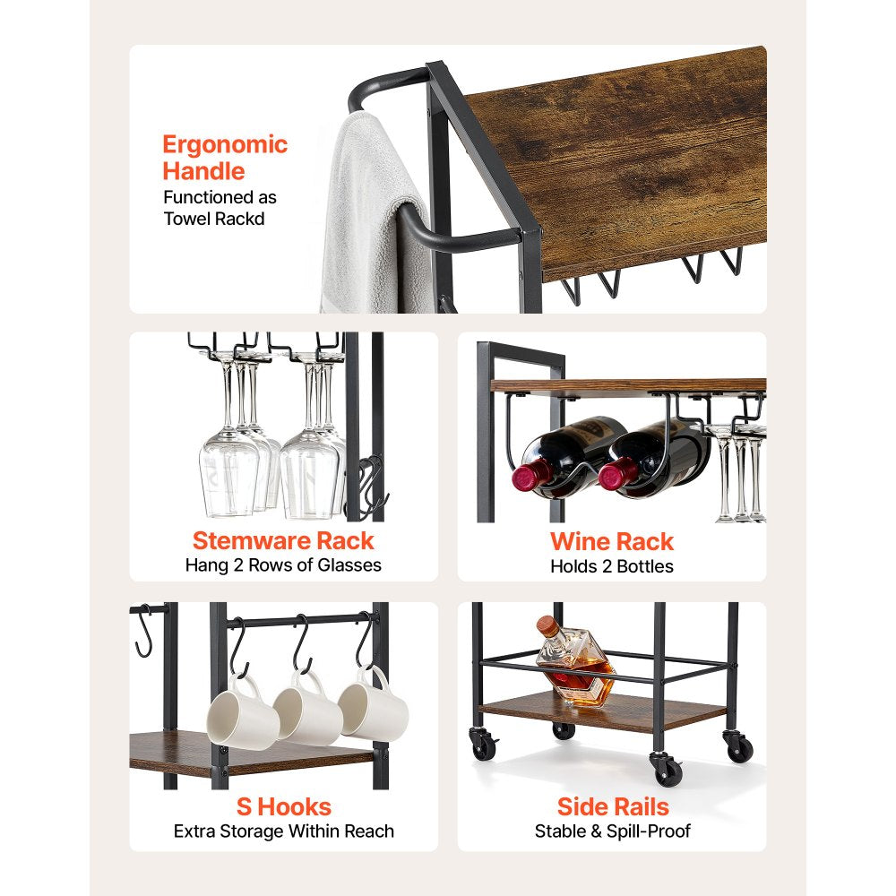 VEVOR Bar Cart, 3 Tiers Home Kitchen Serving Carts, Industrial Rolling Utility Station on Wheel, Mobile Drink Beverage Shelf with Wine Rack & Glass Holder, 20.08x11.02x33.07 in, Rustic Brown and Black