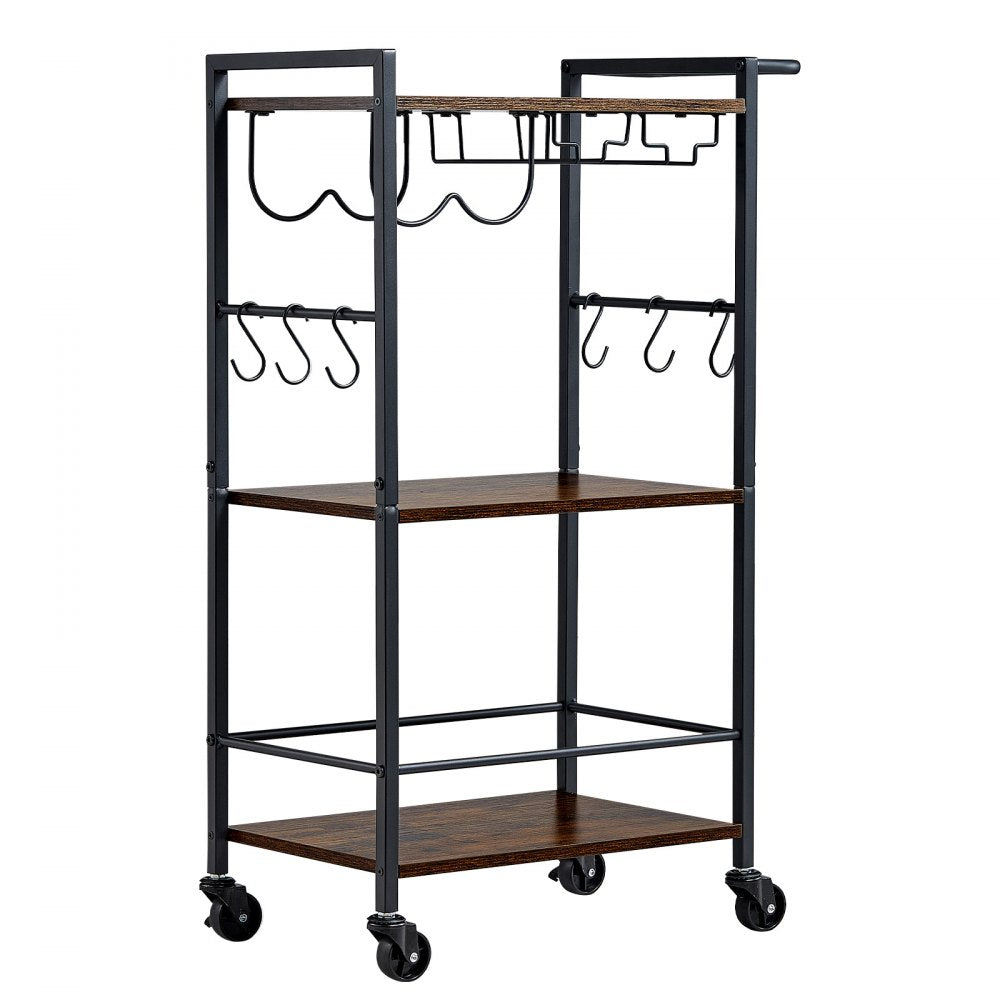 VEVOR Bar Cart, 3 Tiers Home Kitchen Serving Carts, Industrial Rolling Utility Station on Wheel, Mobile Drink Beverage Shelf with Wine Rack & Glass Holder, 20.08x11.02x33.07 in, Rustic Brown and Black