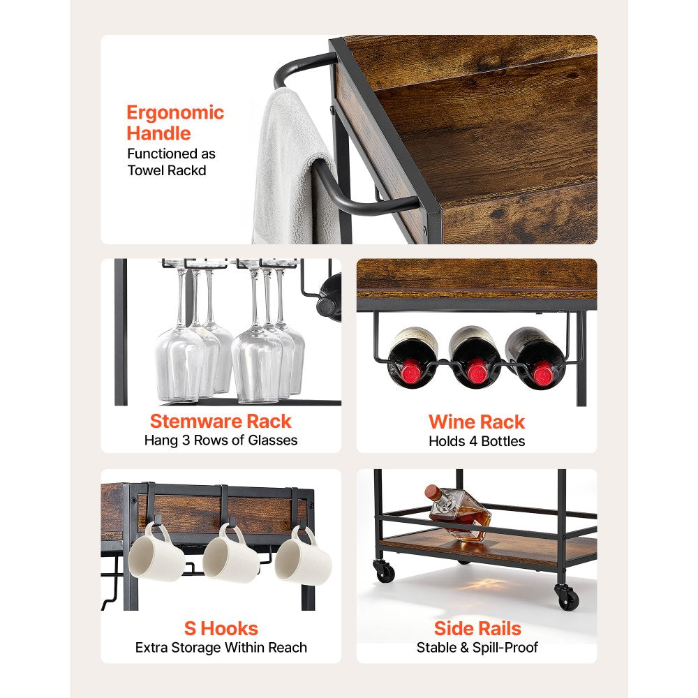 VEVOR Bar Cart, 3 Tiers Home Kitchen Serving Carts, Industrial Rolling Utility Station on Wheel, Mobile Drink Beverage Shelf with Wine Rack & Glass Holder, 26.77x14.17x32.68 in, Rustic Brown and Black