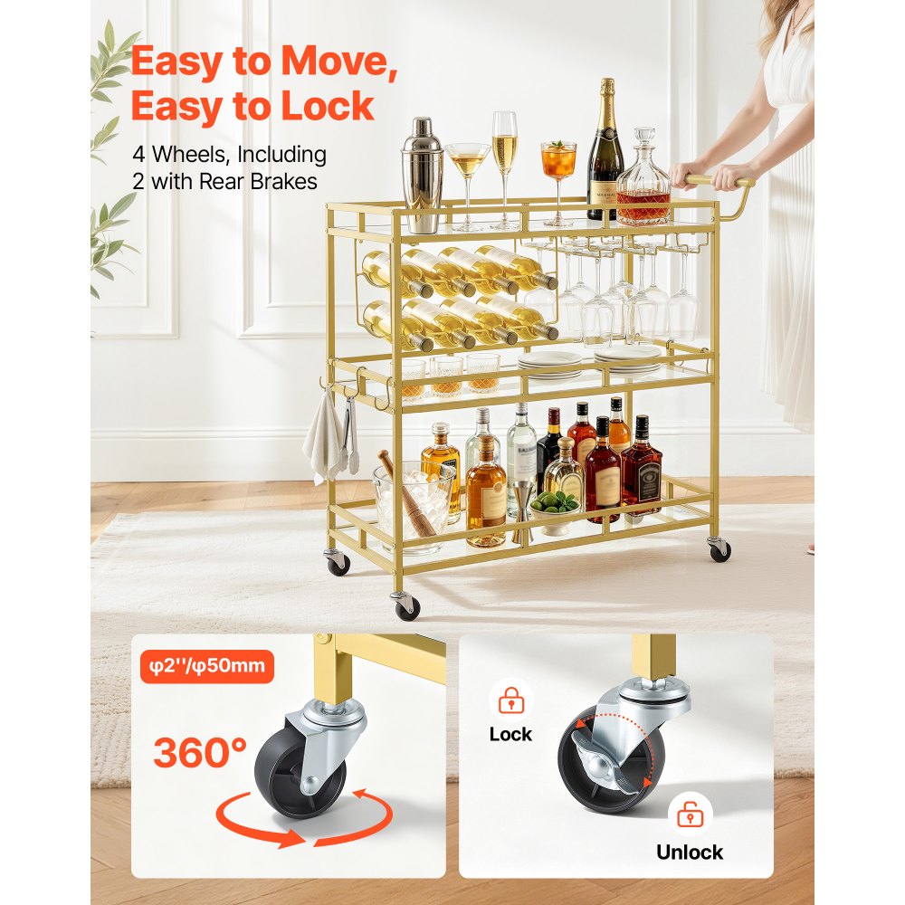 VEVOR Bar Cart, 3 Tiers Home Kitchen Serving Carts, Modern Rolling Utility Station on Wheels, Drink Beverage Trolley with Tempered Glass Shelves, Wine Rack, Glass Holder, for Living Dining Room, Gold
