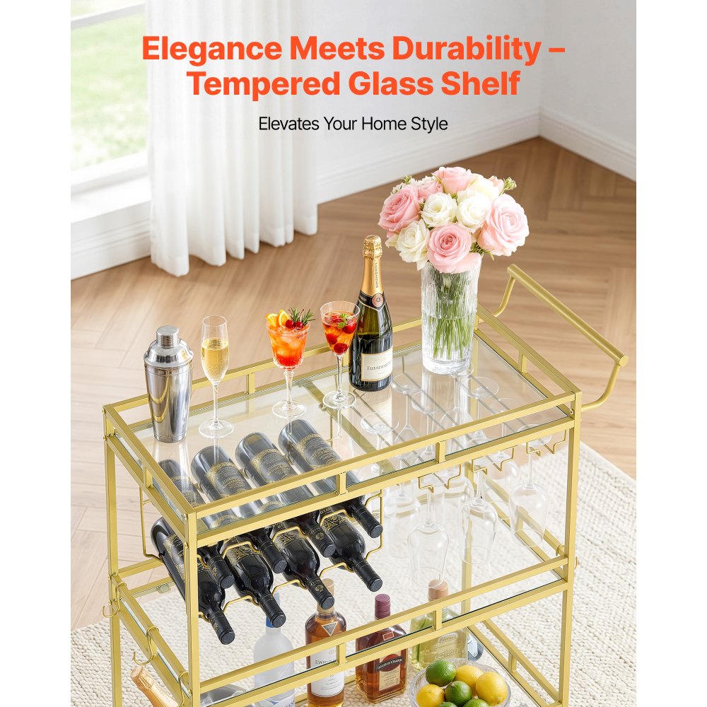 VEVOR Bar Cart, 3 Tiers Home Kitchen Serving Carts, Modern Rolling Utility Station on Wheels, Drink Beverage Trolley with Tempered Glass Shelves, Wine Rack, Glass Holder, for Living Dining Room, Gold