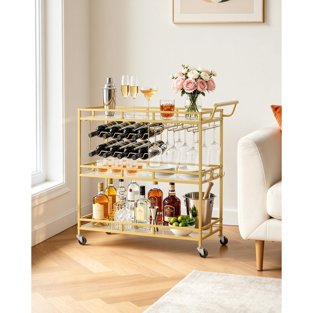 VEVOR Bar Cart, 3 Tiers Home Kitchen Serving Carts, Modern Rolling Utility Station on Wheels, Drink Beverage Trolley with Tempered Glass Shelves, Wine Rack, Glass Holder, for Living Dining Room, Gold