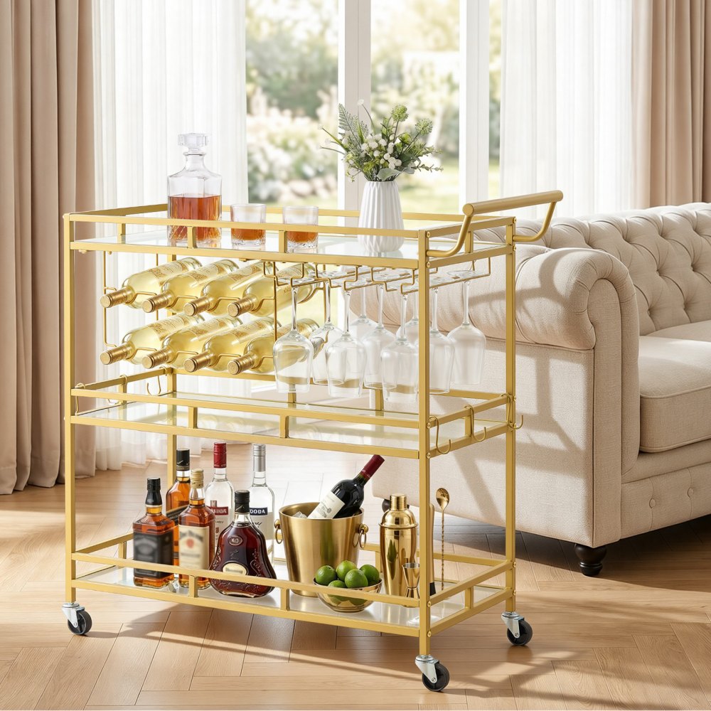 VEVOR Bar Cart, 3 Tiers Home Kitchen Serving Carts, Modern Rolling Utility Station on Wheels, Drink Beverage Trolley with Tempered Glass Shelves, Wine Rack, Glass Holder, for Living Dining Room, Gold
