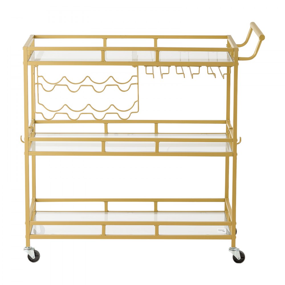 VEVOR Bar Cart, 3 Tiers Home Kitchen Serving Carts, Modern Rolling Utility Station on Wheels, Drink Beverage Trolley with Tempered Glass Shelves, Wine Rack, Glass Holder, for Living Dining Room, Gold
