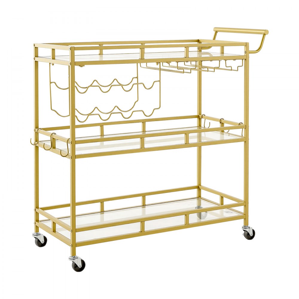 VEVOR Bar Cart, 3 Tiers Home Kitchen Serving Carts, Modern Rolling Utility Station on Wheels, Drink Beverage Trolley with Tempered Glass Shelves, Wine Rack, Glass Holder, for Living Dining Room, Gold