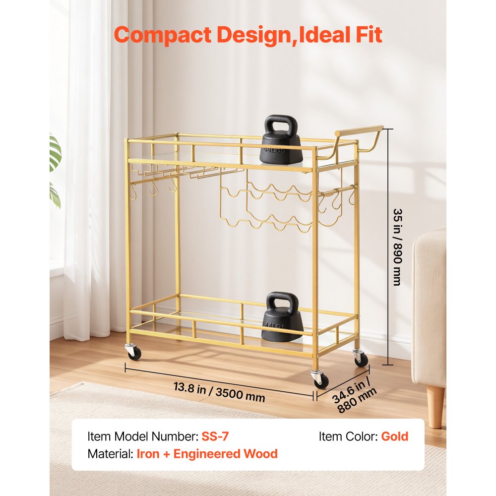 VEVOR Bar Cart, 2 Tiers Home Kitchen Serving Carts, Modern Rolling Utility Station on Wheels, Drink Beverage Trolley with Mirrored Glass Shelves, Wine Rack, Glass Holder, for Living Dining Room, Gold