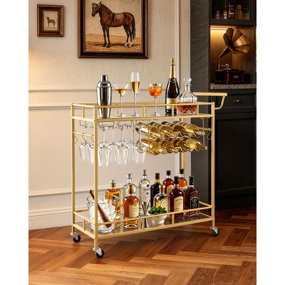 VEVOR Bar Cart, 2 Tiers Home Kitchen Serving Carts, Modern Rolling Utility Station on Wheels, Drink Beverage Trolley with Mirrored Glass Shelves, Wine Rack, Glass Holder, for Living Dining Room, Gold