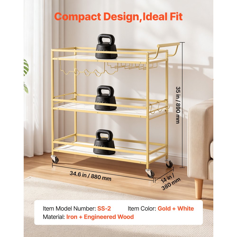 VEVOR Bar Cart, 3 Tiers Home Kitchen Serving Carts, Modern Rolling Utility Station on Wheels, Mobile Drink Beverage Trolley with Wooden Shelf, Wine Rack, and Glass Holder, 35.83x12.99x36.81 in, Gold