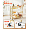 VEVOR Bar Cart, 3 Tiers Home Kitchen Serving Carts, Modern Rolling Utility Station on Wheels, Mobile Drink Beverage Trolley with Wooden Shelf, Wine Rack, and Glass Holder, 35.83x12.99x36.81 in, Gold