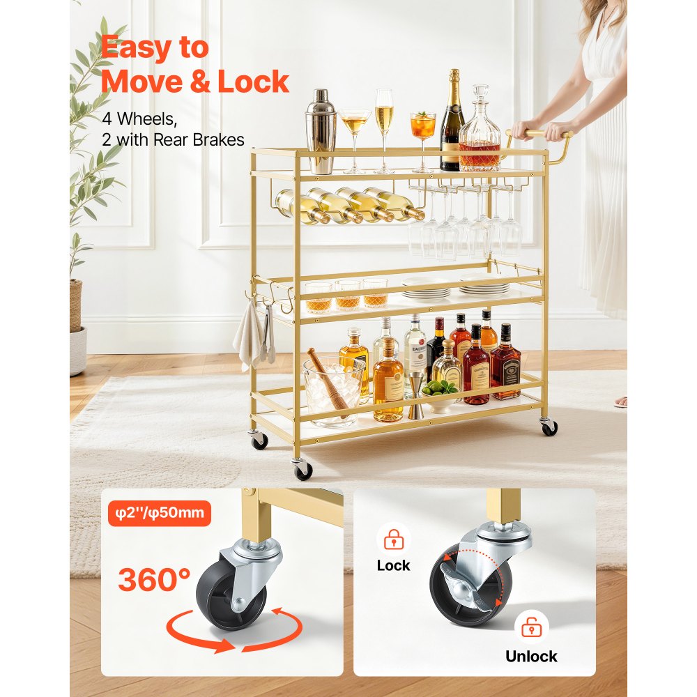 VEVOR Bar Cart, 3 Tiers Home Kitchen Serving Carts, Modern Rolling Utility Station on Wheels, Mobile Drink Beverage Trolley with Wooden Shelf, Wine Rack, and Glass Holder, 35.83x12.99x36.81 in, Gold