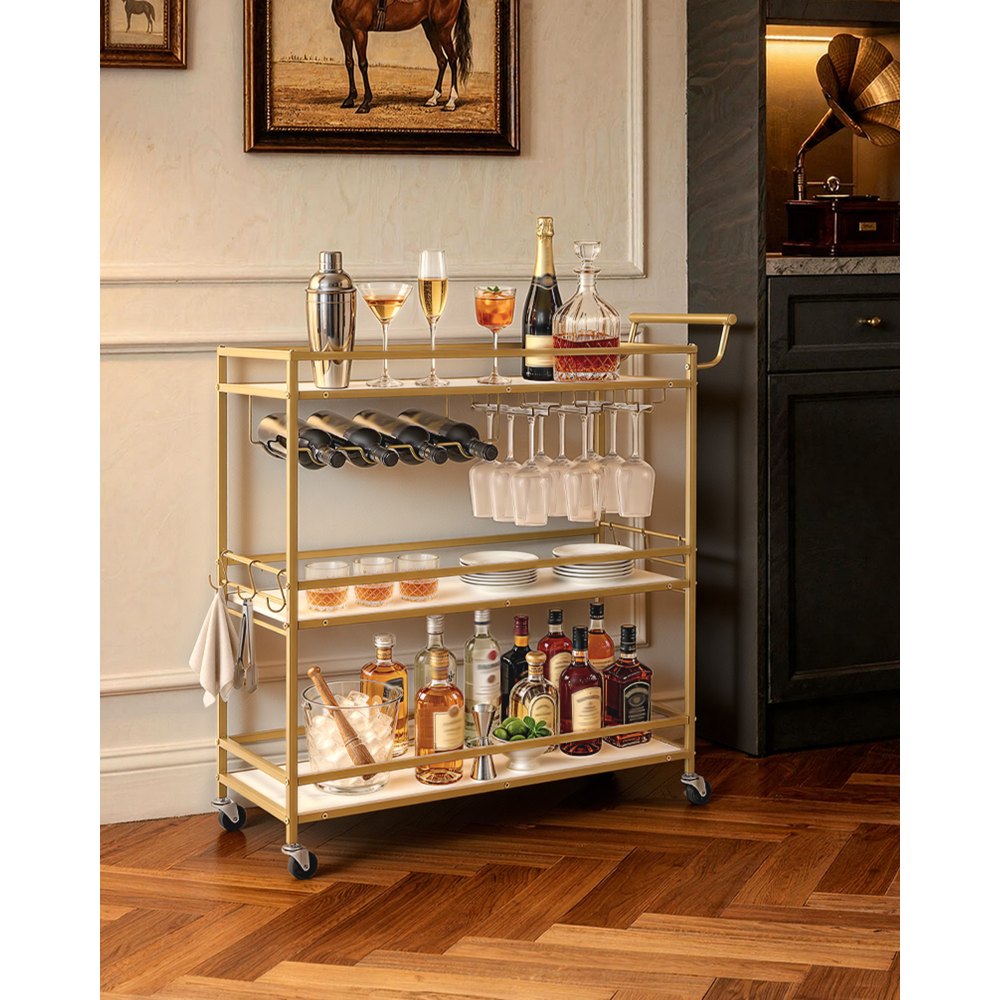 VEVOR Bar Cart, 3 Tiers Home Kitchen Serving Carts, Modern Rolling Utility Station on Wheels, Mobile Drink Beverage Trolley with Wooden Shelf, Wine Rack, and Glass Holder, 35.83x12.99x36.81 in, Gold