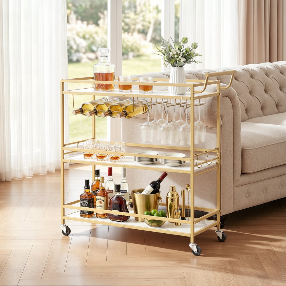 VEVOR Bar Cart, 3 Tiers Home Kitchen Serving Carts, Modern Rolling Utility Station on Wheels, Mobile Drink Beverage Trolley with Wooden Shelf, Wine Rack, and Glass Holder, 35.83x12.99x36.81 in, Gold