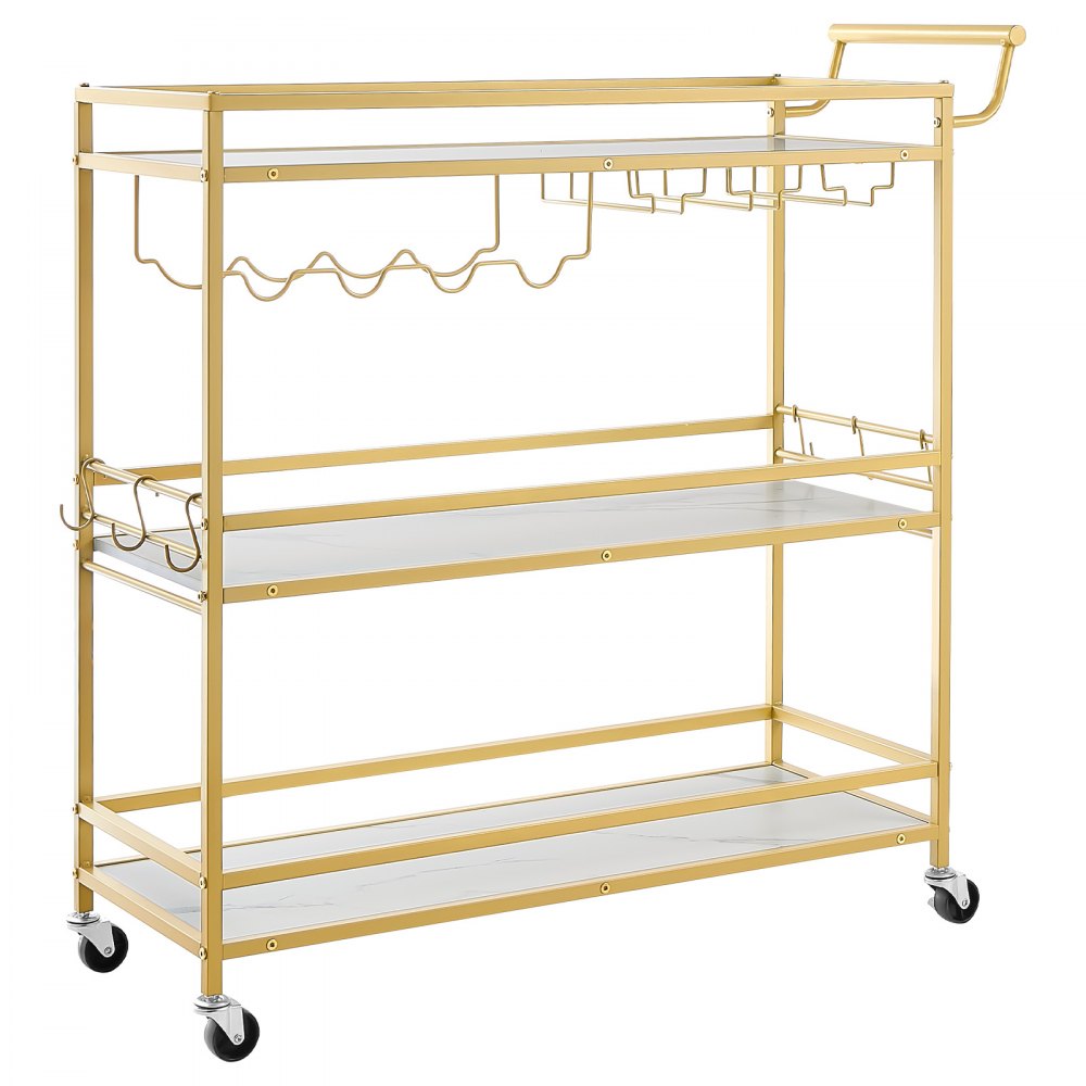 VEVOR Bar Cart, 3 Tiers Home Kitchen Serving Carts, Modern Rolling Utility Station on Wheels, Mobile Drink Beverage Trolley with Wooden Shelf, Wine Rack, and Glass Holder, 35.83x12.99x36.81 in, Gold