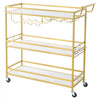 VEVOR Bar Cart, 3 Tiers Home Kitchen Serving Carts, Modern Rolling Utility Station on Wheels, Mobile Drink Beverage Trolley with Wooden Shelf, Wine Rack, and Glass Holder, 35.83x12.99x36.81 in, Gold
