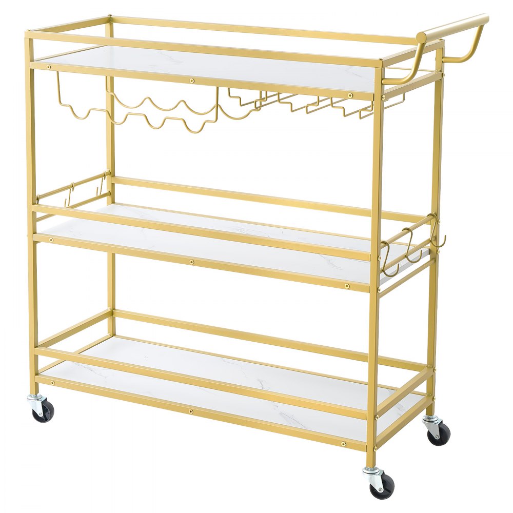 VEVOR Bar Cart, 3 Tiers Home Kitchen Serving Carts, Modern Rolling Utility Station on Wheels, Mobile Drink Beverage Trolley with Wooden Shelf, Wine Rack, and Glass Holder, 35.83x12.99x36.81 in, Gold