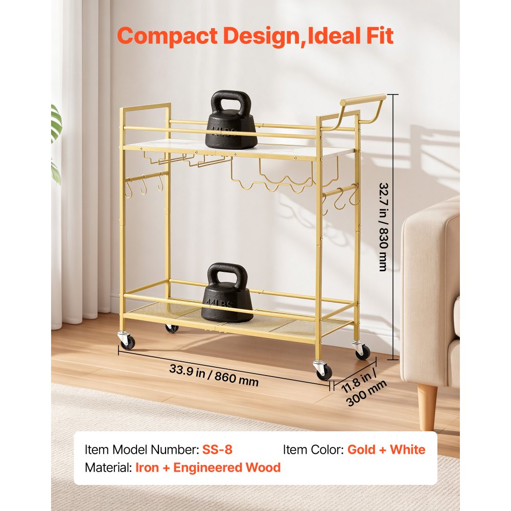 VEVOR Bar Cart, 2 Tiers Home Kitchen Serving Carts, Modern Rolling Utility Station on Wheel, Mobile Drink Beverage Trolley with Wooden & Mesh Shelf, Wine Rack, Glass Holder, 33.86x11.81x32.68 in, Gold