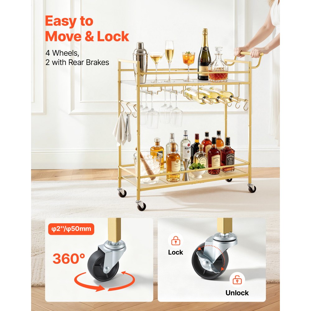 VEVOR Bar Cart, 2 Tiers Home Kitchen Serving Carts, Modern Rolling Utility Station on Wheel, Mobile Drink Beverage Trolley with Wooden & Mesh Shelf, Wine Rack, Glass Holder, 33.86x11.81x32.68 in, Gold