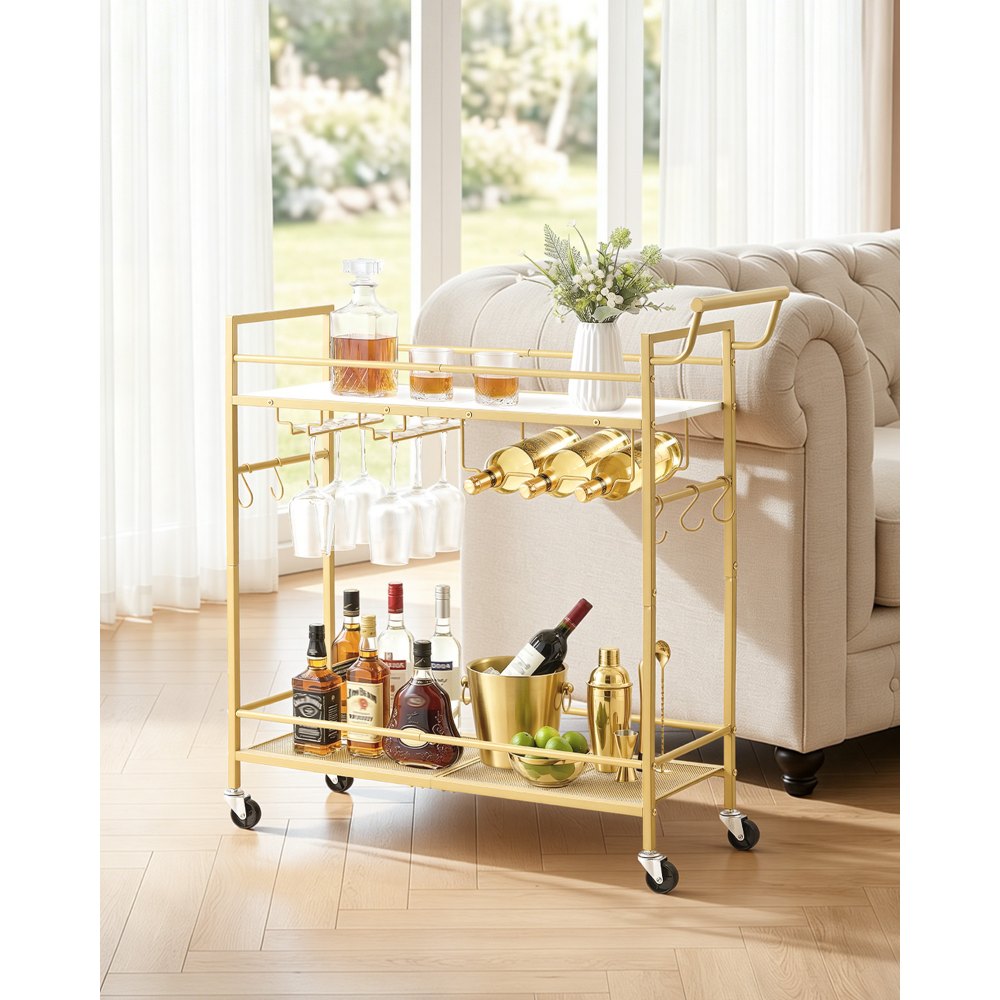VEVOR Bar Cart, 2 Tiers Home Kitchen Serving Carts, Modern Rolling Utility Station on Wheel, Mobile Drink Beverage Trolley with Wooden & Mesh Shelf, Wine Rack, Glass Holder, 33.86x11.81x32.68 in, Gold