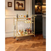 VEVOR Bar Cart, 2 Tiers Home Kitchen Serving Carts, Modern Rolling Utility Station on Wheel, Mobile Drink Beverage Trolley with Wooden & Mesh Shelf, Wine Rack, Glass Holder, 33.86x11.81x32.68 in, Gold