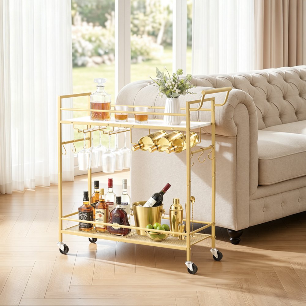 VEVOR Bar Cart, 2 Tiers Home Kitchen Serving Carts, Modern Rolling Utility Station on Wheel, Mobile Drink Beverage Trolley with Wooden & Mesh Shelf, Wine Rack, Glass Holder, 33.86x11.81x32.68 in, Gold