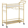 VEVOR Bar Cart, 2 Tiers Home Kitchen Serving Carts, Modern Rolling Utility Station on Wheel, Mobile Drink Beverage Trolley with Wooden & Mesh Shelf, Wine Rack, Glass Holder, 33.86x11.81x32.68 in, Gold