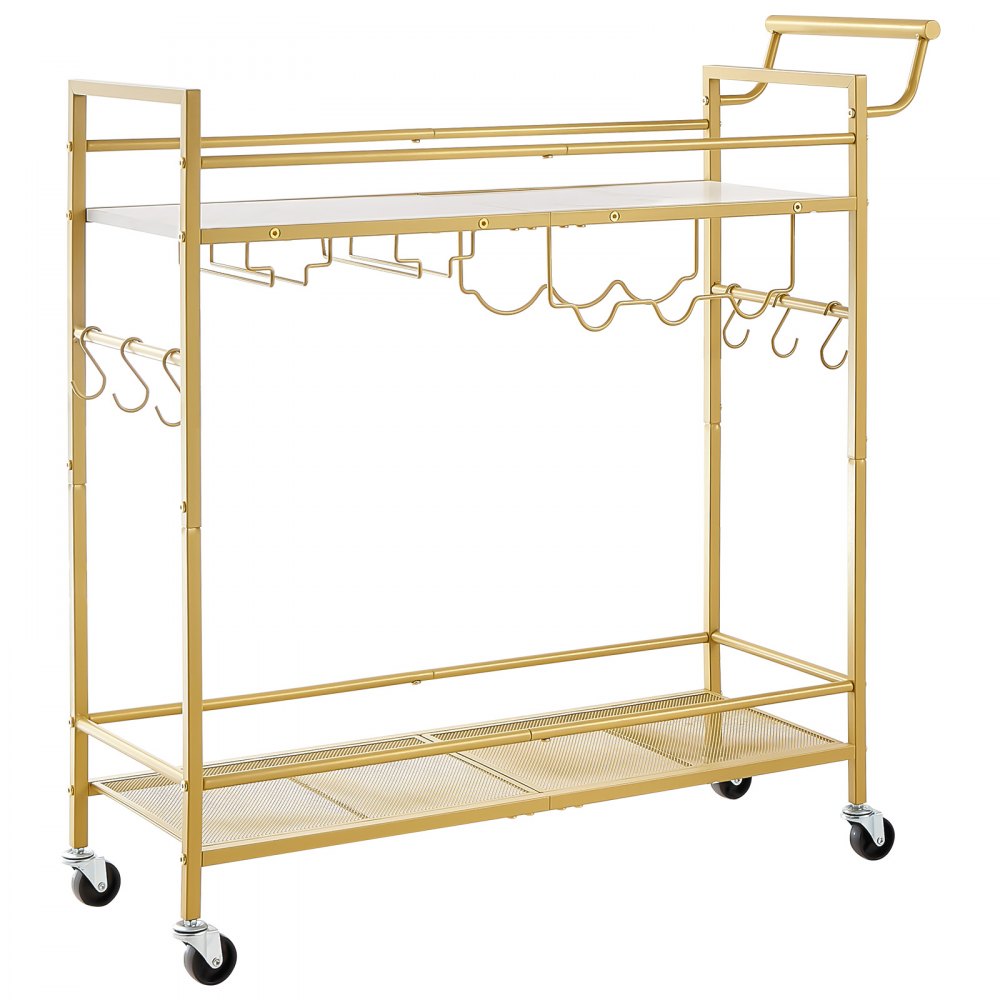 VEVOR Bar Cart, 2 Tiers Home Kitchen Serving Carts, Modern Rolling Utility Station on Wheel, Mobile Drink Beverage Trolley with Wooden & Mesh Shelf, Wine Rack, Glass Holder, 33.86x11.81x32.68 in, Gold