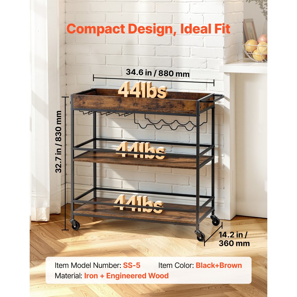 VEVOR Bar Cart, 3 Tiers Home Kitchen Serving Carts, Industrial Rolling Utility Station on Wheel, Mobile Drink Beverage Shelf with Wine Rack & Glass Holder, 34.64x14.17x32.68 in, Rustic Brown and Black