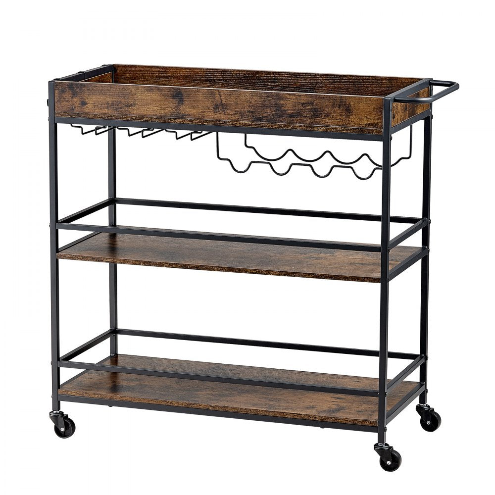 VEVOR Bar Cart, 3 Tiers Home Kitchen Serving Carts, Industrial Rolling Utility Station on Wheel, Mobile Drink Beverage Shelf with Wine Rack & Glass Holder, 34.64x14.17x32.68 in, Rustic Brown and Black