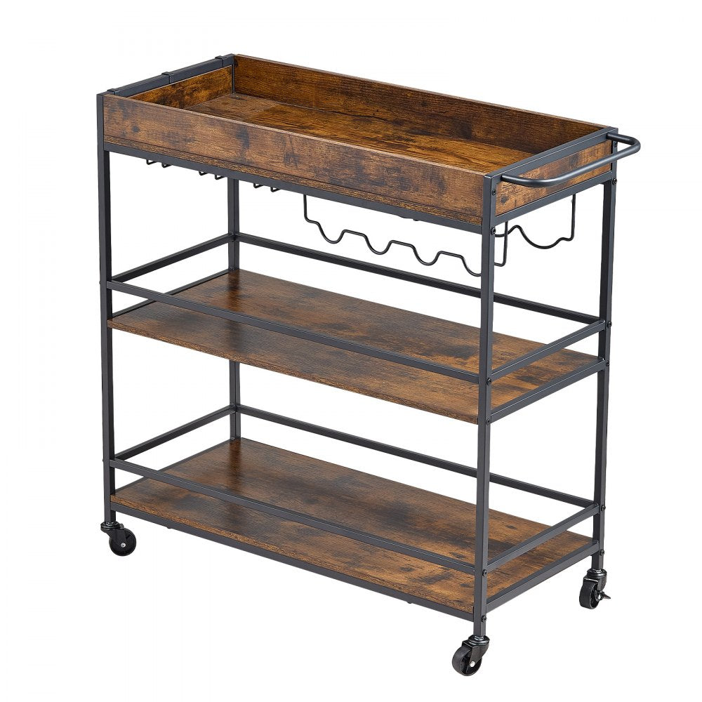 VEVOR Bar Cart, 3 Tiers Home Kitchen Serving Carts, Industrial Rolling Utility Station on Wheel, Mobile Drink Beverage Shelf with Wine Rack & Glass Holder, 34.64x14.17x32.68 in, Rustic Brown and Black