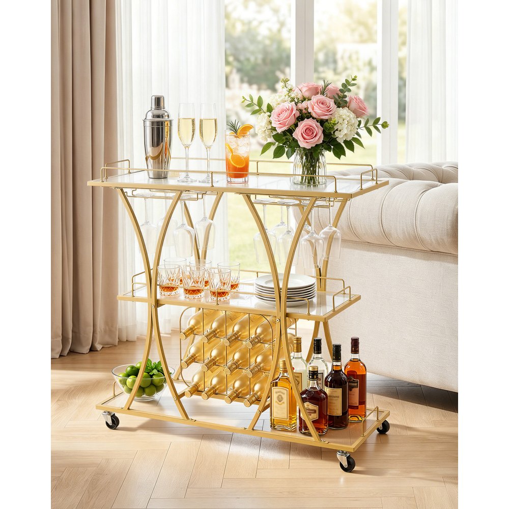 VEVOR Bar Cart, 3 Tiers Home Kitchen Serving Carts, Modern Rolling Utility Station on Wheels, Drink Beverage Trolley with Tempered Glass Shelves, Wine Rack, Glass Holder, for Living Dining Room, Gold
