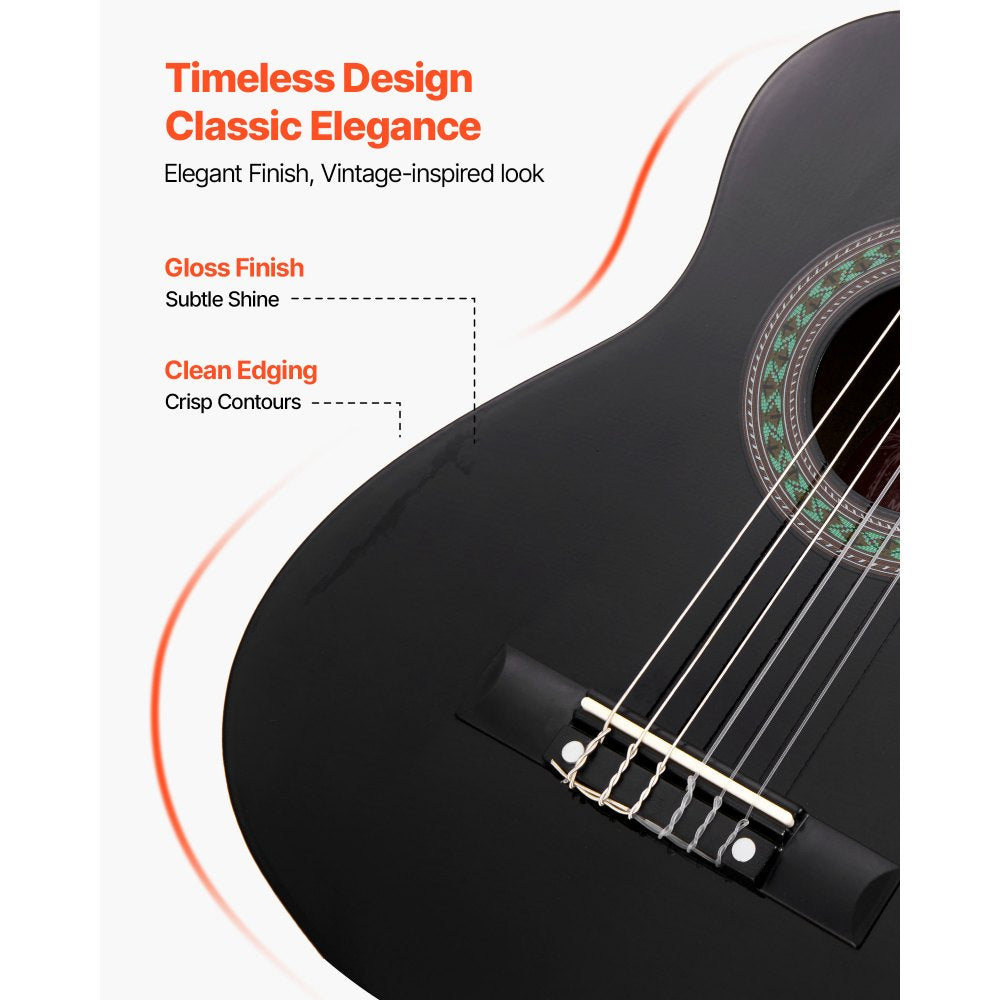 VEVOR Classical Guitar, 30 Inch, Wood Classical Guitar Starter Kit for Beginners, with Nylon Strings, Gig Bag, Strap, Tuner, Extra Strings, Picks, Capo, Basswood, for Kids Girls Boys Students, Black