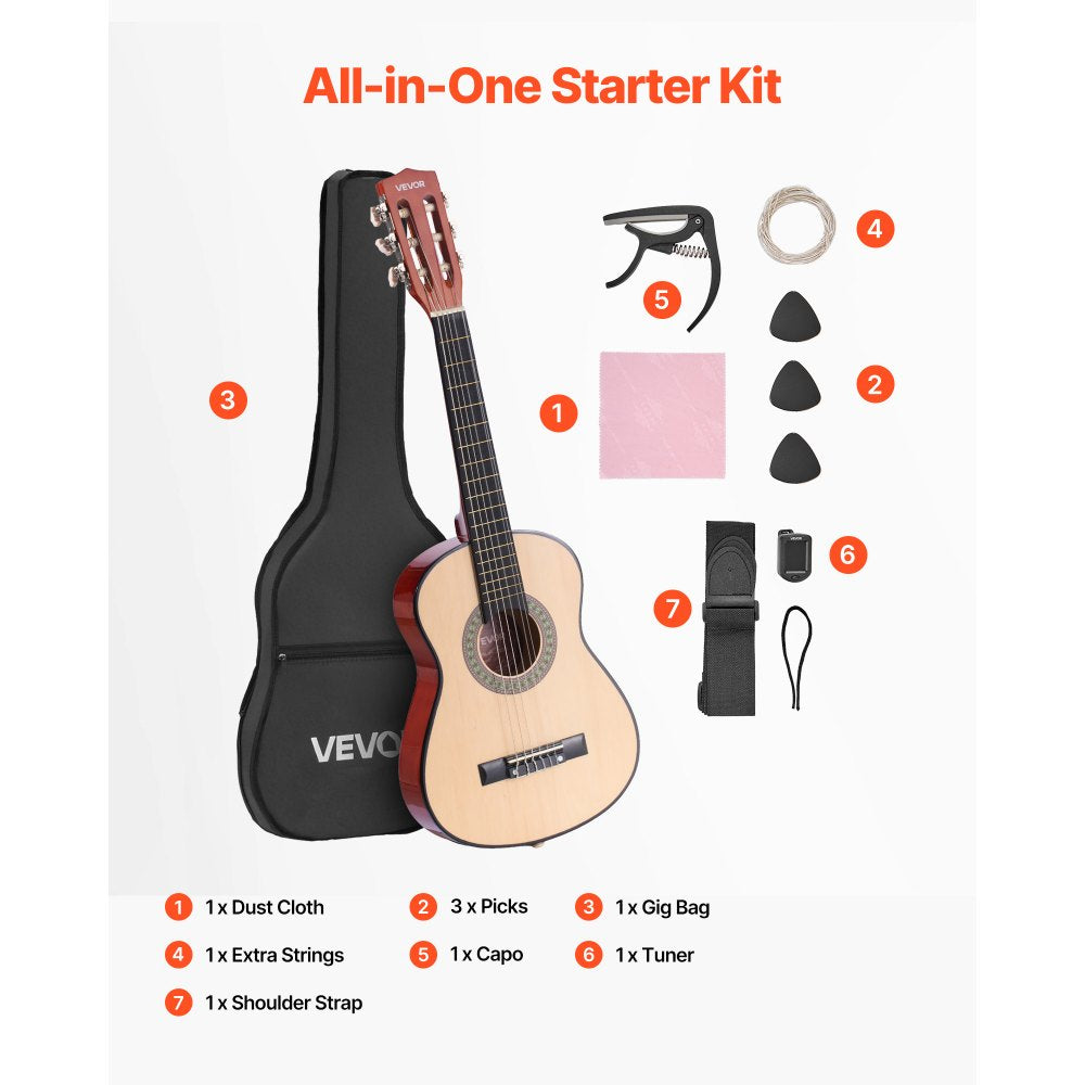 VEVOR Classical Guitar, 30 Inch, Wood Classical Guitar Starter Kit for Beginners, with Nylon Strings, Gig Bag, Strap, Tuner, Extra Strings, Picks, Capo, Basswood, for Kids Girls Boys Students, Natural