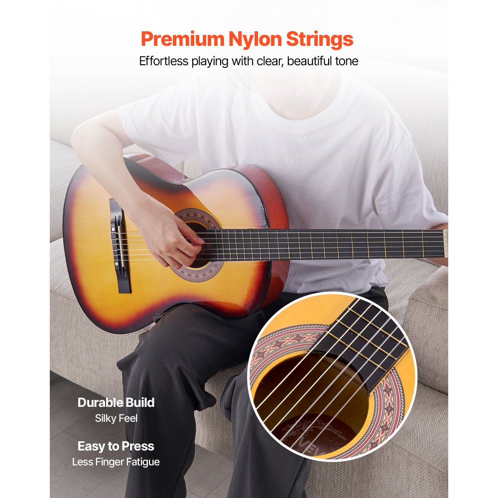 VEVOR Classical Guitar, 38 Inch, Wood Classical Guitar Starter Kit for Beginners, with Nylon Strings, Gig Bag, Strap, Tuner, Extra String, Pick, Capo, Basswood, for Teenagers Adults Students, Sunburst