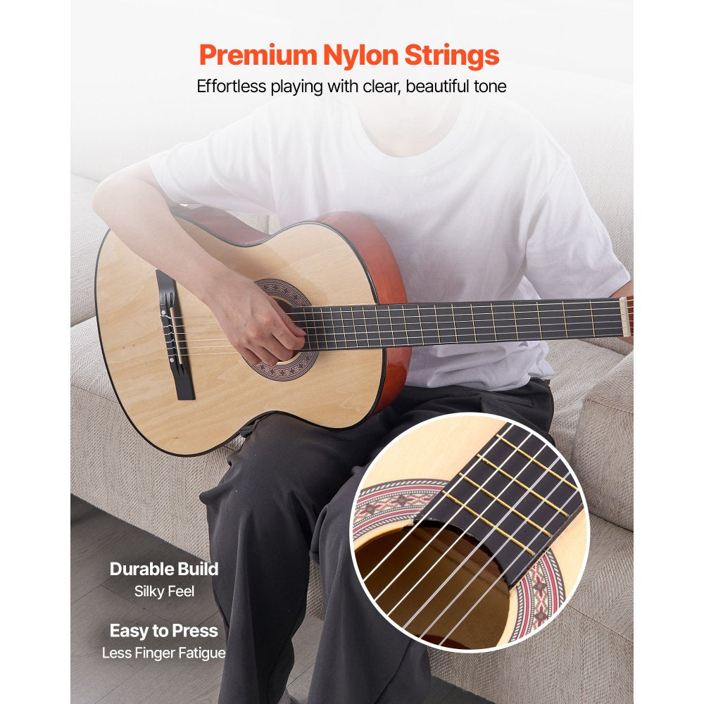 VEVOR Classical Guitar, 38 Inch, Wood Classical Guitar Starter Kit for Beginners, with Nylon Strings, Gig Bag, Strap, Tuner, Extra Strings, Pick, Capo, Basswood, for Teenagers Adults Students, Natural