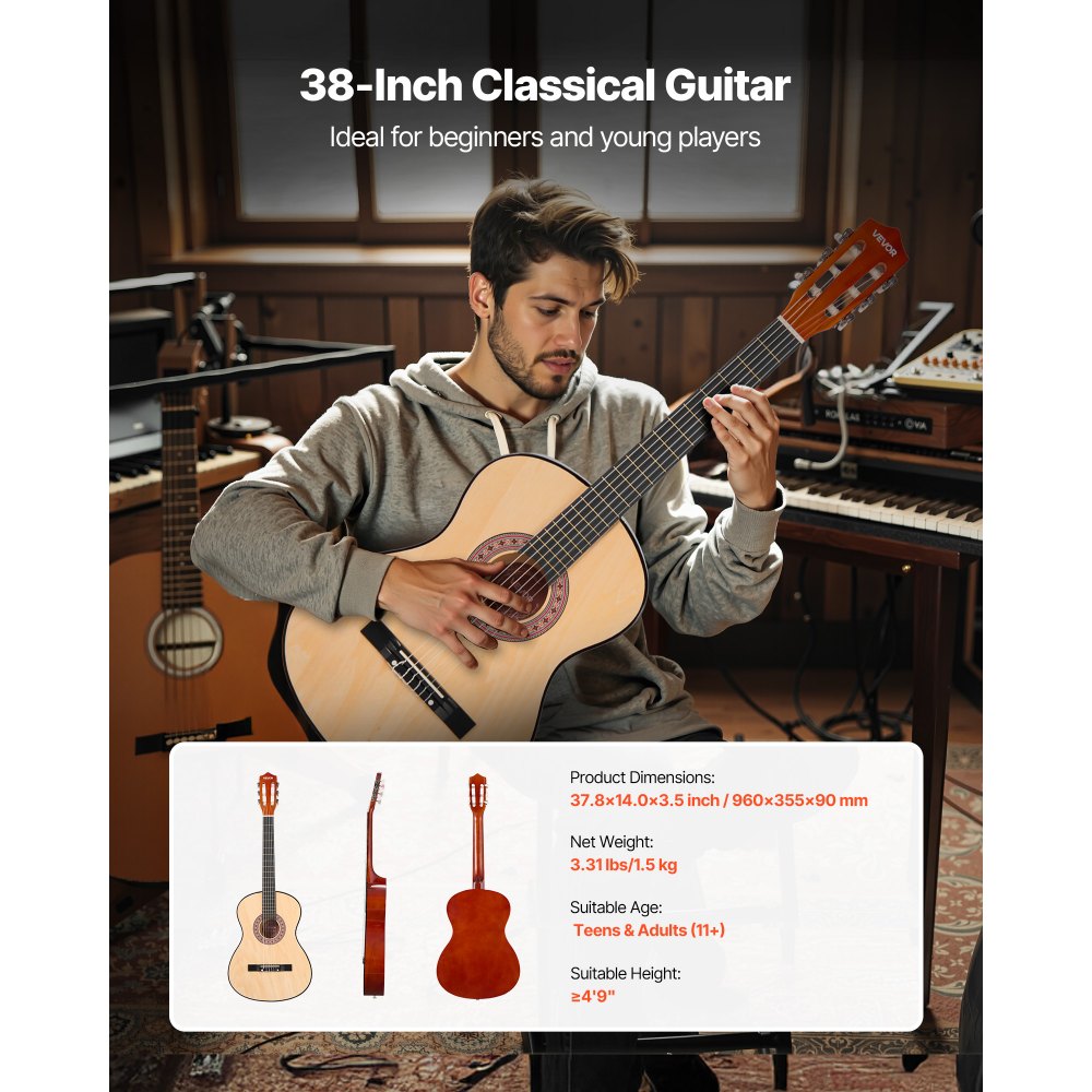 VEVOR Classical Guitar, 38 Inch, Wood Classical Guitar Starter Kit for Beginners, with Nylon Strings, Gig Bag, Strap, Tuner, Extra Strings, Pick, Capo, Basswood, for Teenagers Adults Students, Natural