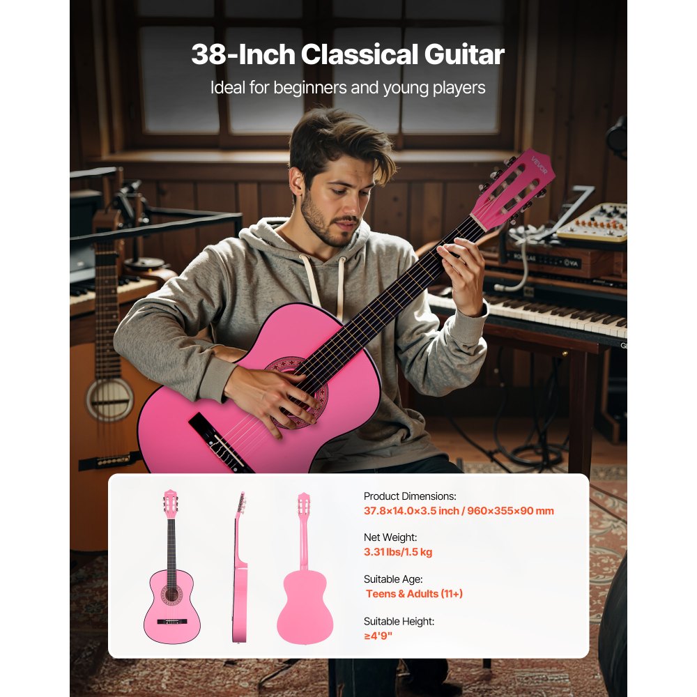 VEVOR Classical Guitar, 38 Inch, Wood Classical Guitar Starter Kit for Beginners, with Nylon Strings, Gig Bag, Strap, Tuner, Extra Strings, Picks, Capo, Basswood, for Teenagers Adults Students, Pink