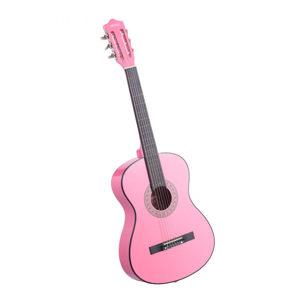 VEVOR Classical Guitar, 38 Inch, Wood Classical Guitar Starter Kit for Beginners, with Nylon Strings, Gig Bag, Strap, Tuner, Extra Strings, Picks, Capo, Basswood, for Teenagers Adults Students, Pink
