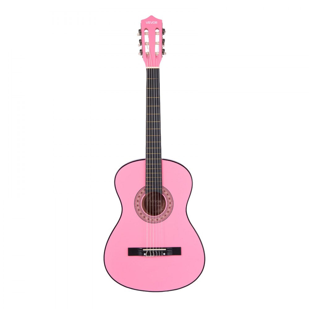 VEVOR Classical Guitar, 38 Inch, Wood Classical Guitar Starter Kit for Beginners, with Nylon Strings, Gig Bag, Strap, Tuner, Extra Strings, Picks, Capo, Basswood, for Teenagers Adults Students, Pink